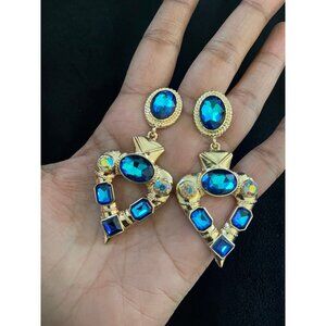 Dark blue earrings , big blue earrings , teal crystal blue Ab earrings teal gold